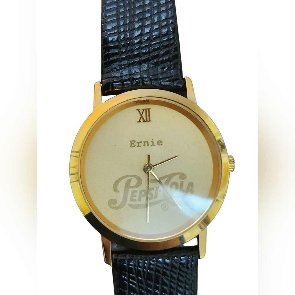 Pepsi-Cola Gold Watch with Leather Black Strap EUC 🎉Host Pick🎉 - Picture 1 of 8